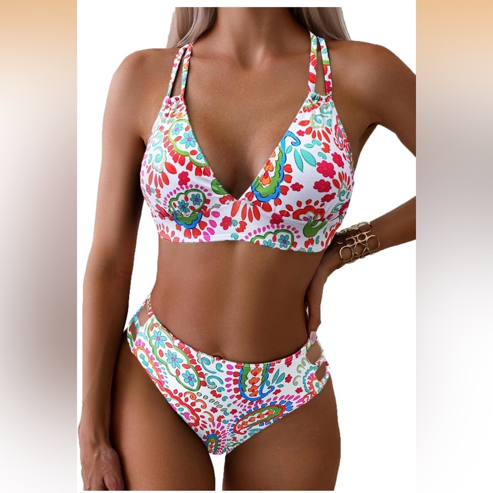 NWT Floral Print V-Neck Strappy Bikini Set - White Multicolor